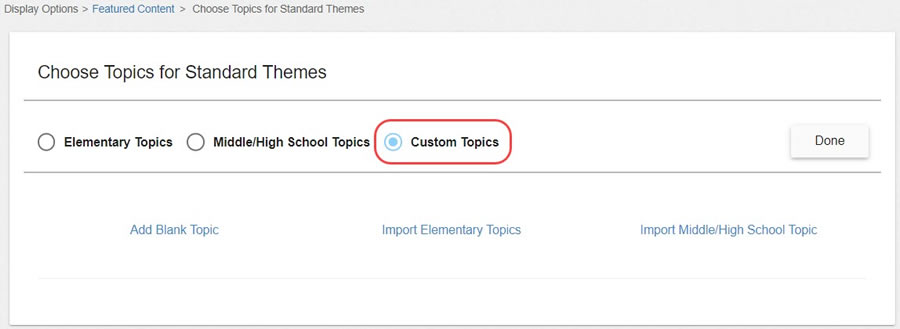 Page to choose topics, with Custom Topics selected.