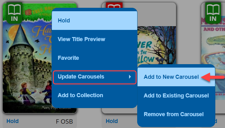 Search result with Update Carousels, Add to New Carousel highlighted.