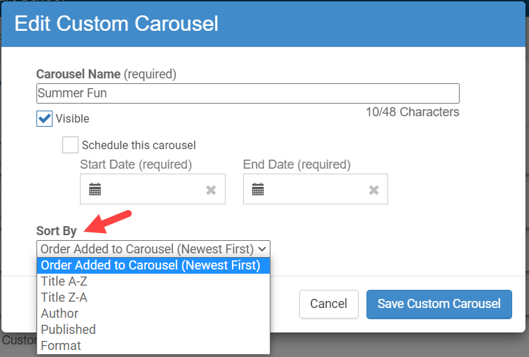 Edit Custom Carousel page with Sort By drop-down highlighted.