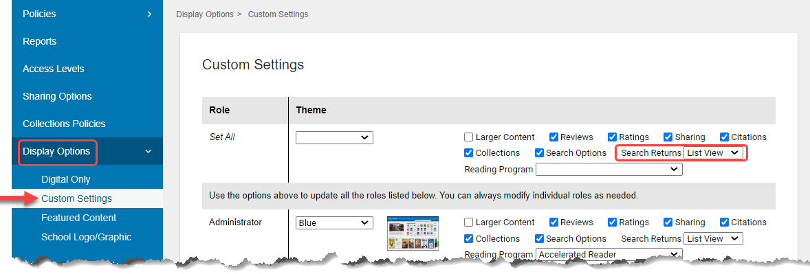 Custom Settings page with Display Options, Custom Settings, Search Returns option selected.
