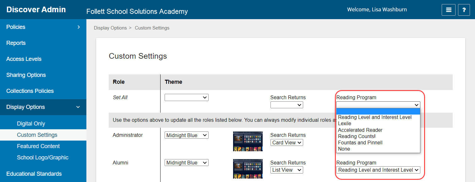 Discover Admin Custom Settings page with Reading Program drop-downs highlighted.