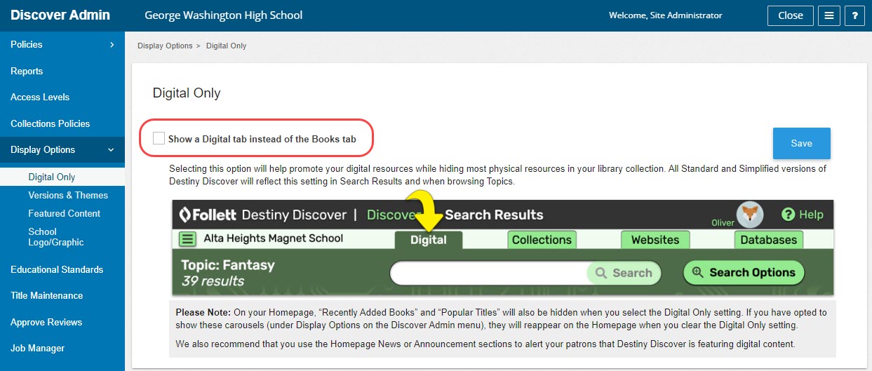 Discover Admin, Digital Only option with "Show a Digital tab instead of the Books tab" option highlighted.