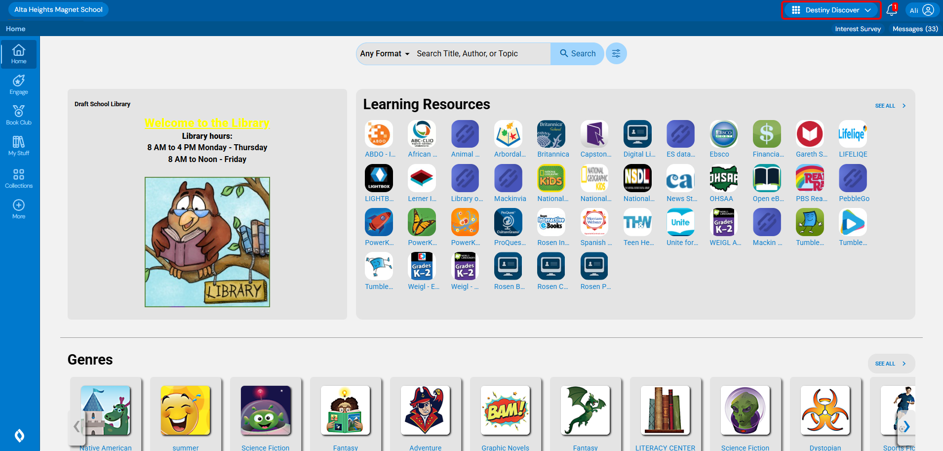 Destiny Discover homepage with Destiny Discover highlighted.