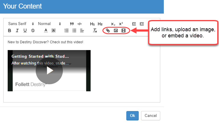 Content editor with icons for adding links, uploading an image and embedding a video highlighted.