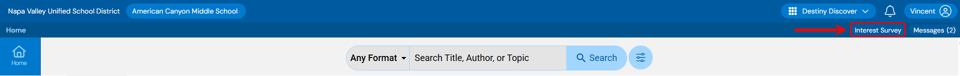 Destiny Discover header with Interest Survey link highlighted.