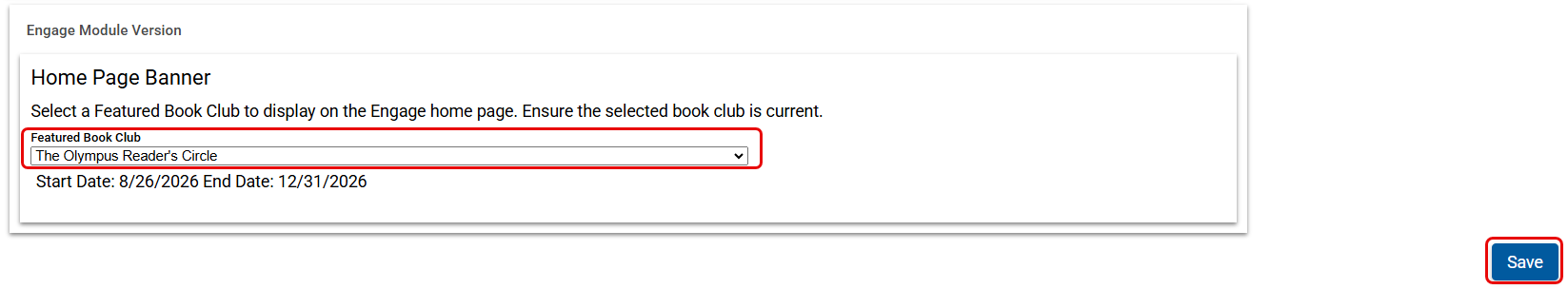 Home Page Banner section with Featured Book Club drop-down and Save button highlighted.