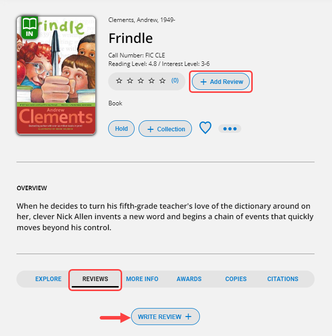 Title details with Add Review and Write Review links highlighted.