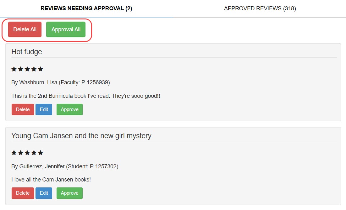 Reviews Needing Approval page with Delete All and Approve All highlighted.