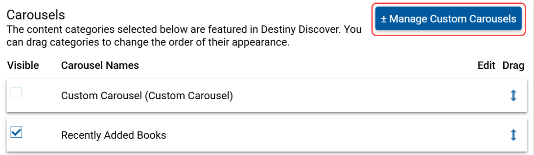 Carousels section with Manage Custom Carousels highlighted.