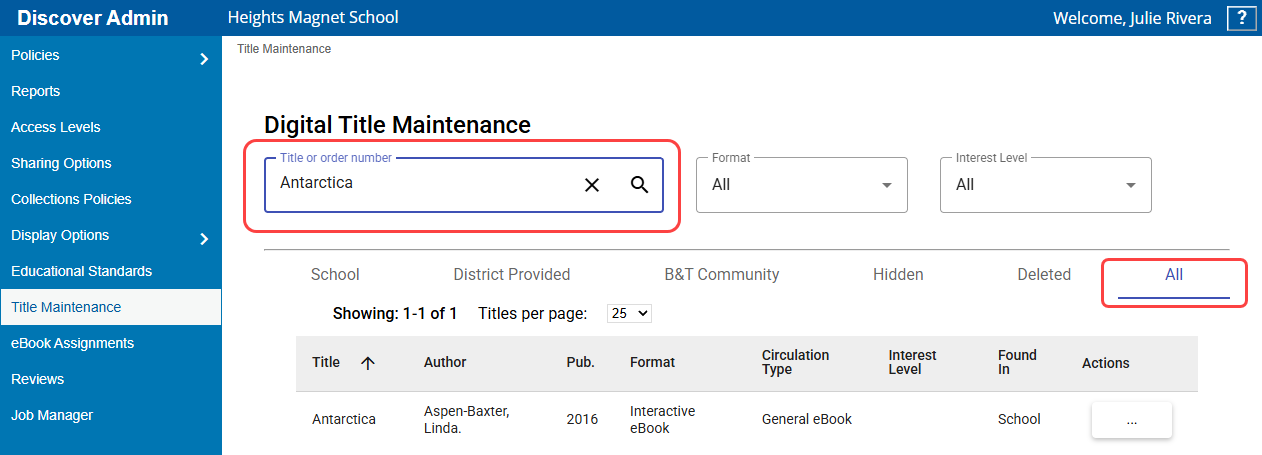 Title Maintenance page with search field and All tab highlighted.
