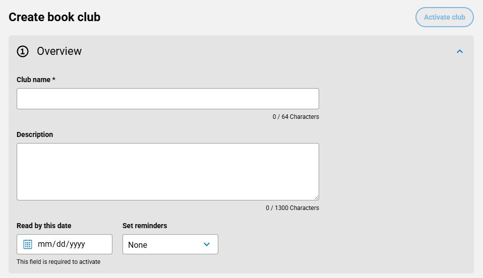 Create book club page for students, Overview section.