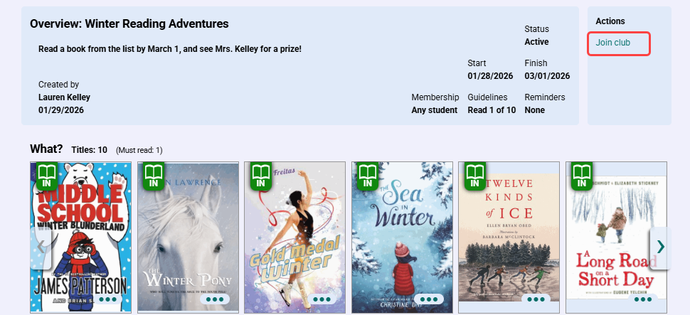 Open book club page with Join club option highlighted.