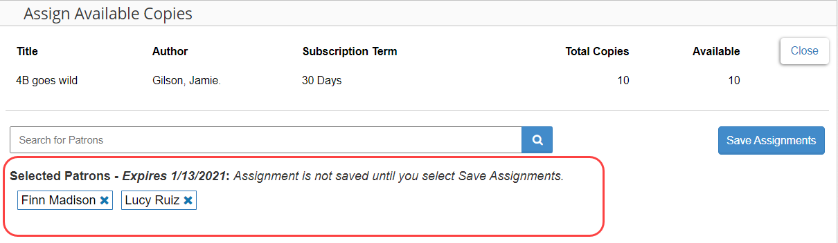 Assign Available Copies page with Selected Patrons highlighted.