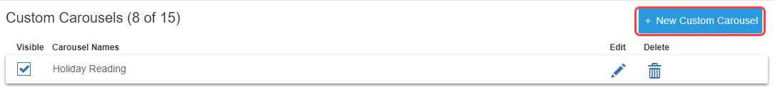 Custom Carousels page with New Custom Carousel highlighted.