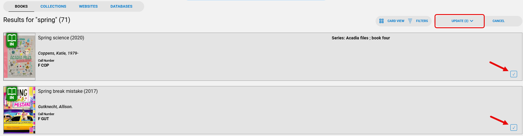 Search results with Update Carousels and checkboxes highlighted.
