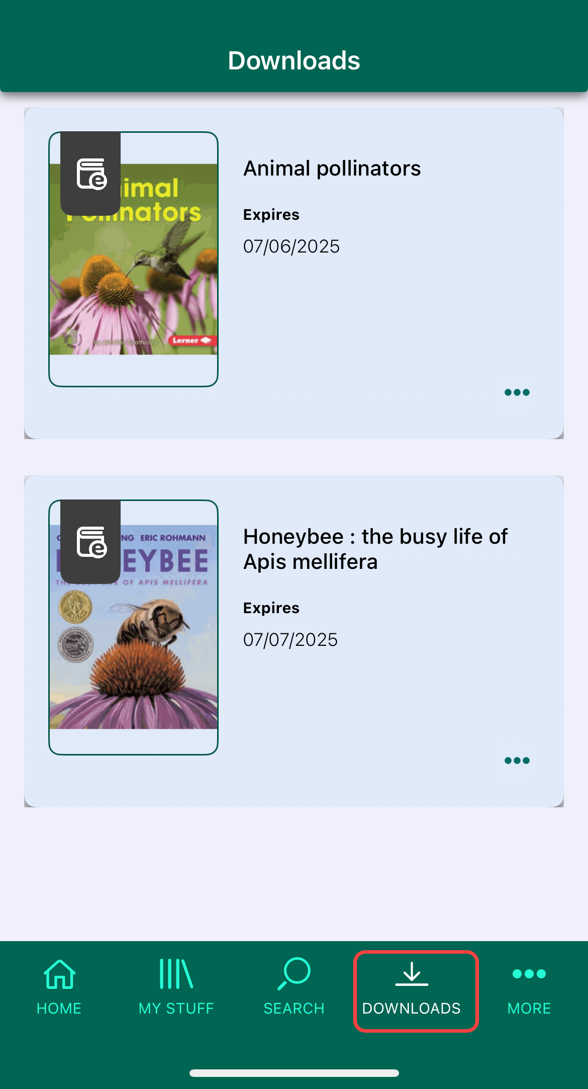 Downloads page with two downloaded eBooks.