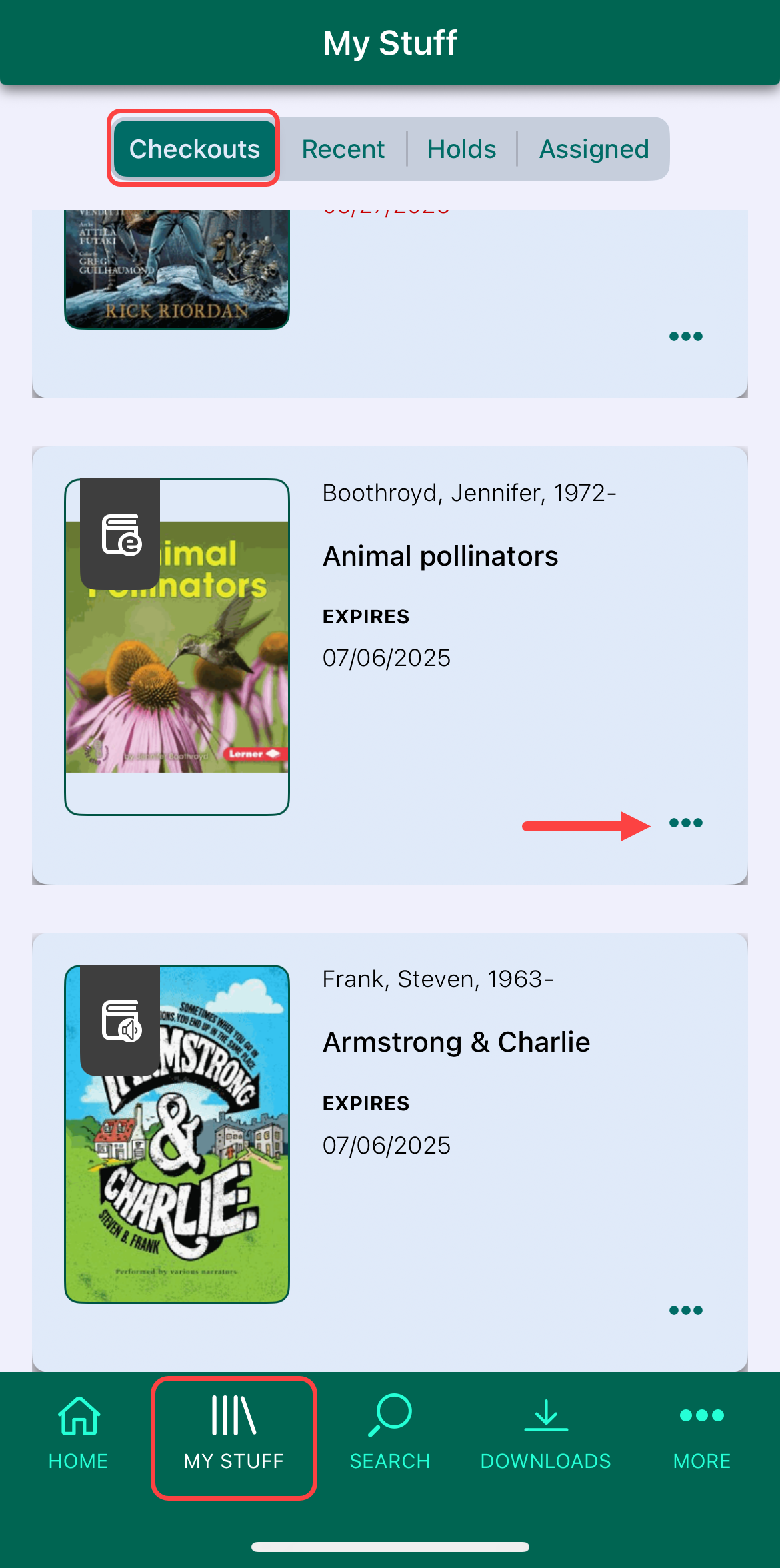 My Stuff page with the Checkouts tab and More Options icon highlighted.