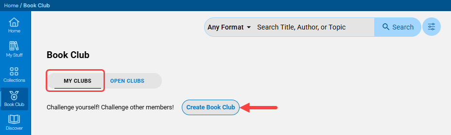 Book Club page with My Clubs tab and Create Book Club option highlighted.