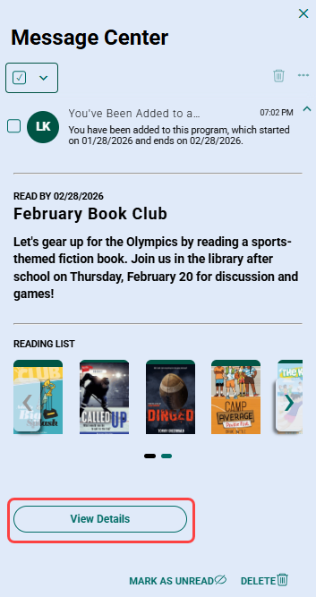 Message Center with message expanded.