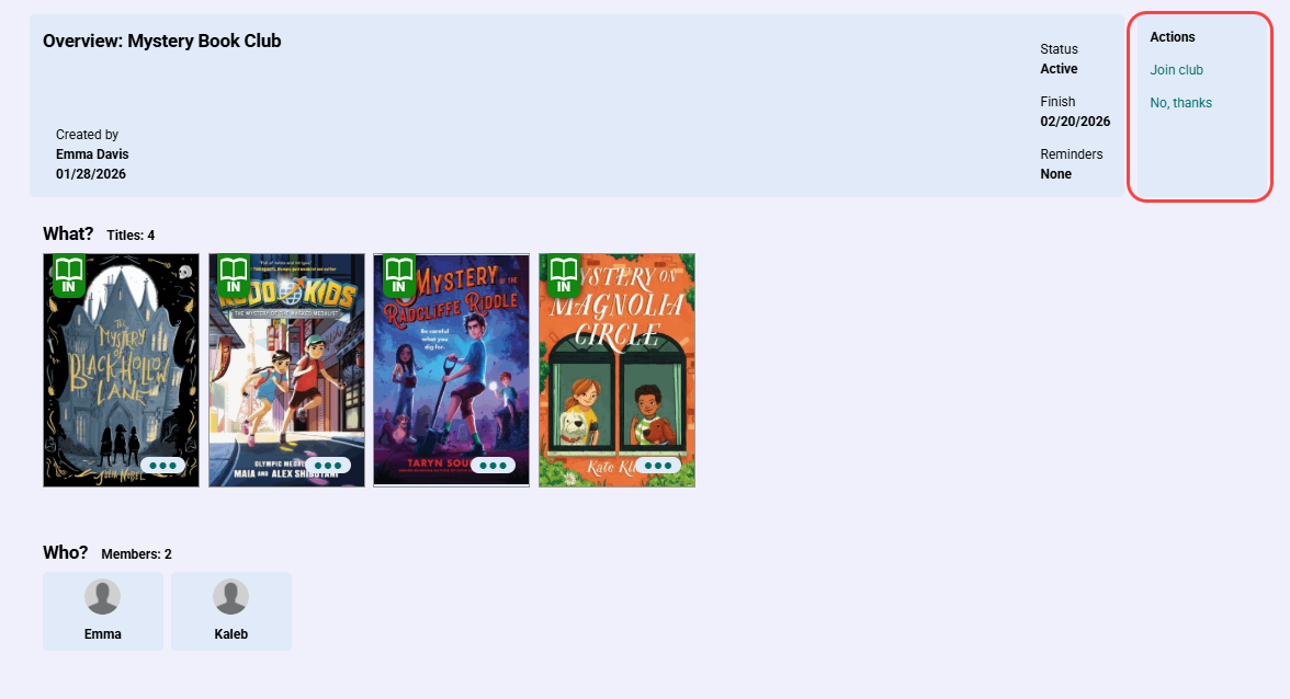 Book Club with Actions menu highlighted.