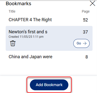 Bookmarks pop-up with Add Bookmark highlighted.